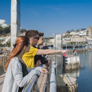 students looking at the pier